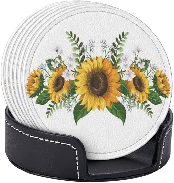 6 Pcs Sunflower Floral Leather Coasters