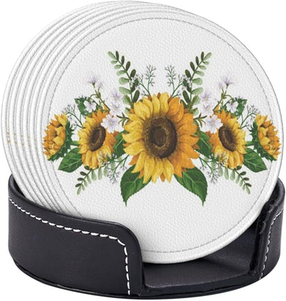 6 Pcs Sunflower Floral Leather Coasters