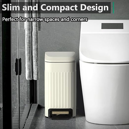 CEROELDA Small Bathroom Trash Can with Lid Soft Close-5L/1.3 Gal Slim Garbage Can-Metal Step Wastebasket-Rectangle Narrow Waste Bin for Office, Bedroom, Toilet, Live Room (Embossed-Beige)