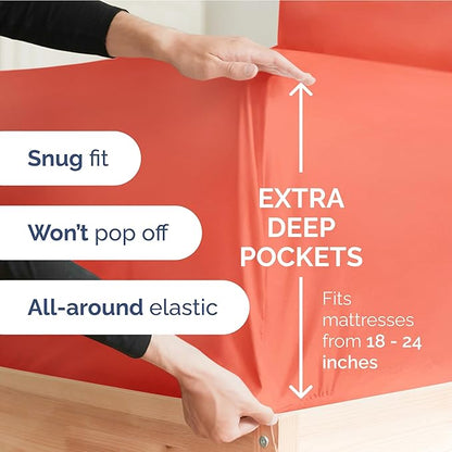 Extra Deep Pocket Twin Sheets - 3 Piece Breathable & Cooling Bed Sheets - Hotel Luxury Bed Sheet Set - Soft, Wrinkle Free & Comfy - Easily Fits Extra Deep Mattresses - Deep Pocket Coral Sheets Set