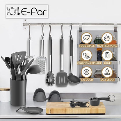 Silicone Kitchen Utensils Set, E-far 30-Piece Cooking Utensils Set with Holder, Heat Resistant Kitchen Spatulas Turner Tong Spoon Whisk Ladle for Nonstick Cookware, Stainless Steel Handle (Gray)