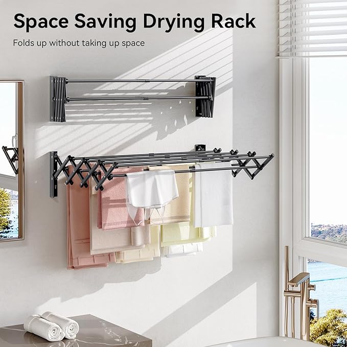 APEXCHASER Clothes Drying Rack Wall Mount, Laundry Drying Rack, Accordion Collapsible Clothes Airer, Towel Racks for Bathroom Balcony Laundry Room Wall Mounted, Drying Rack for Clothing, Black