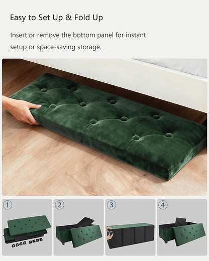 Storage Ottoman Bench, 43 Inch Foldable Ottoman with Legs, Velvet Foot Rest Stool, End of Bed Bench, Storage Chest for Living Room, Bedroom (Green)