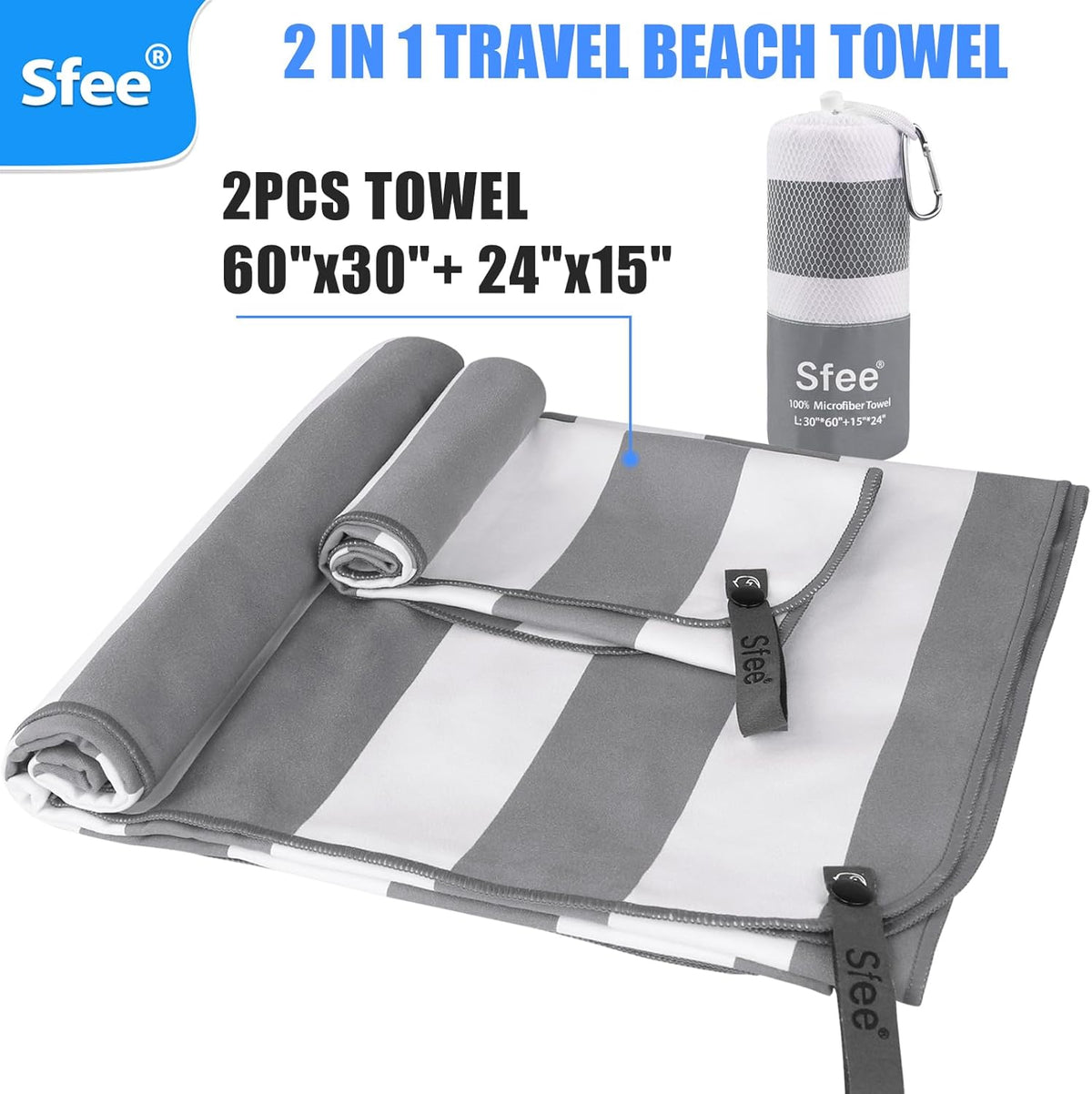 Sfee 2 in 1 Microfiber Beach Towel, Quick Dry Towel Camping Towel Travel Towel Super Absorbent Compact Lightweight Sports Gym Towels Set for Beach, Gym, Hiking, Pool, Backpacking, Bath, Yoga
