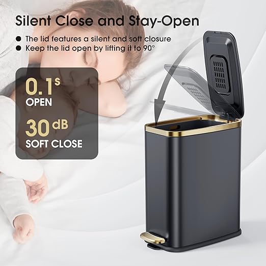 CEROELDA Small Bathroom Trash Can with Lid Soft Close-5L/1.3 Gal Slim Garbage Can-Metal Step Wastebasket-Rectangle Narrow Waste Bin for Office, Bedroom, Toilet, Live Room-Black