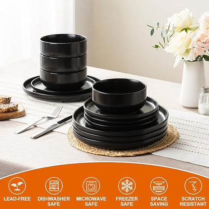 EWFEN Plates and Bowls Sets, 12 Pieces Ceramic Dinnerware Set