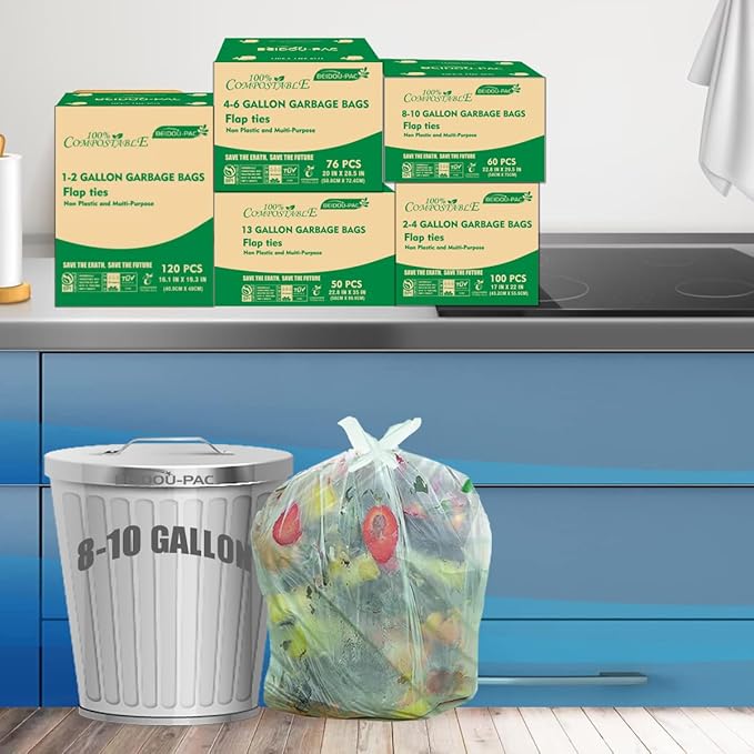 8-10 Gallon Flap Tie Compostable Trash Bags, 240 Count, Compost Bags Kitchen Trash Bags, Sturdy Biodegradable Garbage Bags Food Scrap Waste Bags, ASTM D6400, US BPI Certified, Green