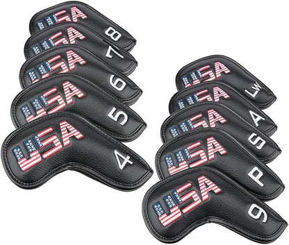 Golf Builder Black Leather USA Golf Club Iron Wedge Head Covers Fit All Brands