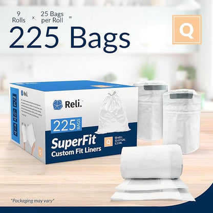 Reli. SuperFit Code Q (225 Count) | Compatible with Simplehuman Code Q | Custom Fit Liners | Drawstring Trash Bags | 50-65 Liter / 13-17 Gallon | White | Roll Pack