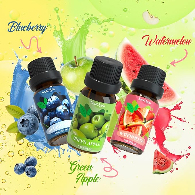 Fruit Essential Oils Set, Fragrance Oil Set for Diffuser, Scent Diffuser Oil for Candle Making- Pineapple, Sweet Orange, Grape, Green Apple, Blueberry, Watermelon