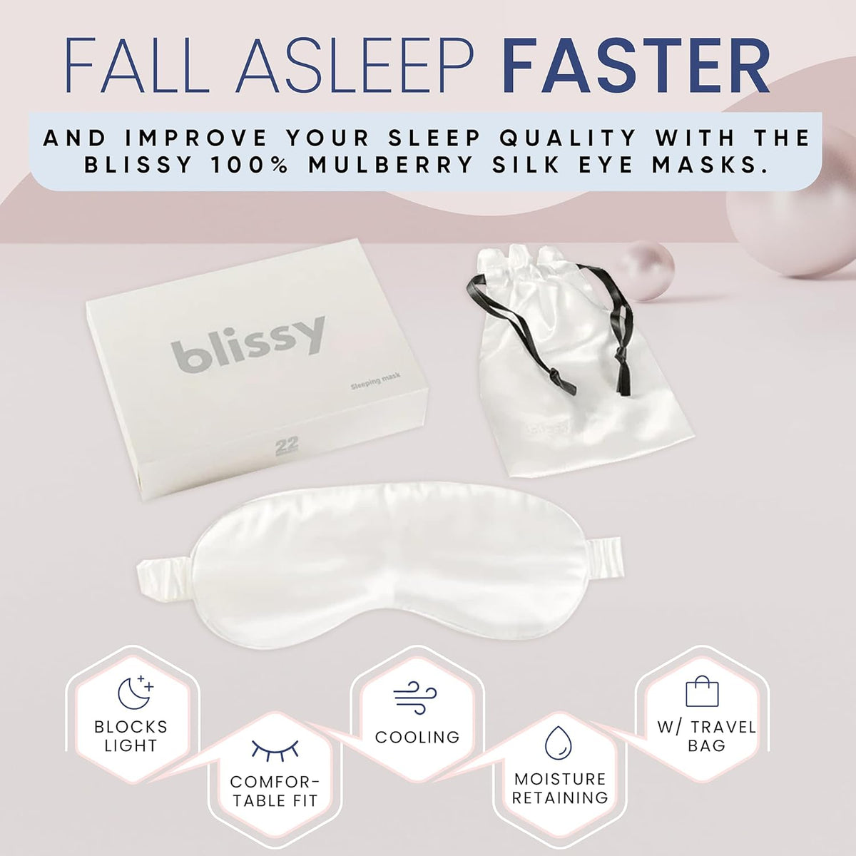 Blissy Silk Sleep Mask - Silk Eye Sleeping Mask for Women & Men for Total Blackout - 100% Pure Mulberry Silk, 22 Momme 6a Fibers - Blindfold Silk Sleep Mask Side Sleeper Eye Cover (White)