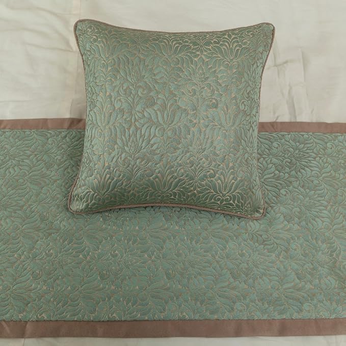 The HomeCentric King/Queen/Twin Blue & Beige Designer Twin 53"x18" Bed Runner with 2 Pillow Cover, Damask Bed Scarf on Jacquard Fabric - Arabella