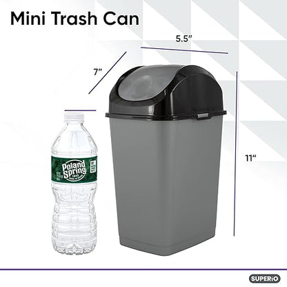Superio Mini Plastic Trash Can with Swing Top Lid 1.25 Gallon Compact Small Waste Bin Portable Garbage Can for Countertop, Desktop, Make up Vanity, Bathroom, Car, Under Sink, Dorm 5 Qt (Grey/Black, 2)