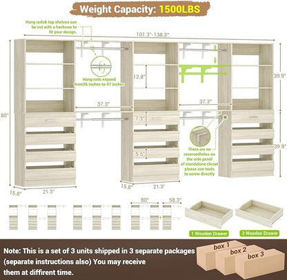 Aheaplus Closet System Set of 3, 138.5" Wood Closet Organizer System Tower with 12 Drawers & 4 Hanging Rods, 6.7+4.85Ft L Shaped Walk-in Closets Wardrobe Organizer Garment Rack with Shelves, White Oak