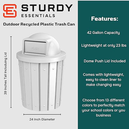 42 Gallon Slated Circle 100% Recycled Plastic Heavy Duty Outdoor Trash Can with Push Open Dome Lid and Internal Liner - Great for Schools and Businesses - White