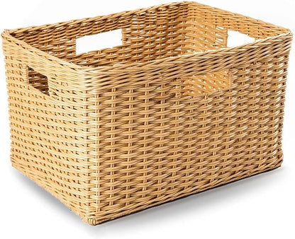 The Basket Lady Tall Rectangular Wicker Storage Basket, Large, 22.5 in L x 16 in W x 12.5 in H, Sandstone