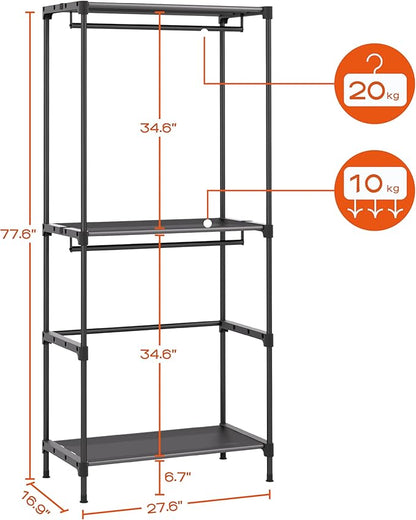Clothes Rack, Portable Closet, 27.6 Inch Wardrobe Closet, Clothes Storage Organizer with Shelves and 2 Hanging Rods, Easy to Assembly, Black PCT001B01