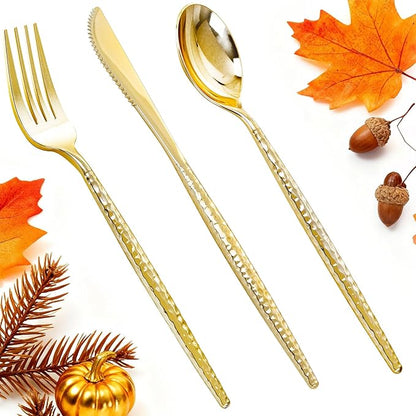 Rubtlamp 90Pcs Thanksgiving Gold Plastic Silverware, Gold Disposable Thanksgiving Utensils, Hammered Plastic Silverware, Gold Plastic Forks And Spoons Set Include 30 Forks, 30 Knives,30 Spoons