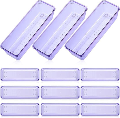 Maitys 12 Pcs Vanity Drawer Organizer 9 x 3 x 2 Inches Clear Plastic Utensil Organizers Kitchen Drawers Dividers for Office Desk Silverware Kitchen Utensils Cosmetics and Bathrooms(Purple)