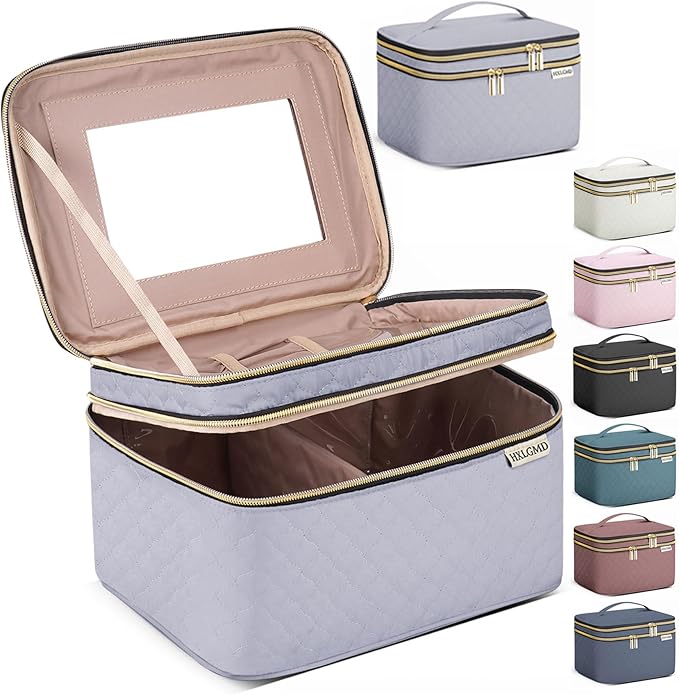 Large Makeup Bag with Mirror Double Layer Travel Make Up Organizer Case, Large Capacity Coemetic with Brush Slot Divider, Travel Toiletry Bag for Women (Grey)