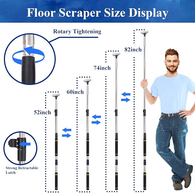Floor Scraper Telescopic Pole,38 to 82in Heavy Duty 4Inch Razor Blade Long Handle Floor Scrapers Metal Paint Scraper with 10PCS Extra Metal Blades Paint Scraper (Gray, Telescopic 6Feet)