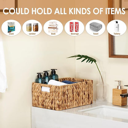 Wicker Baskets 2 Pack, Water Hyacinth Rectangular Storage Basket with Handles, Large for Organizing, Natural