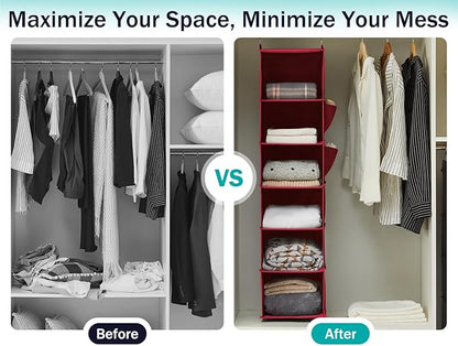 YOUDENOVA Hanging Closet Organizer and Storage, 6-Shelf Closet Hanging Storage Shelves, Dark Red