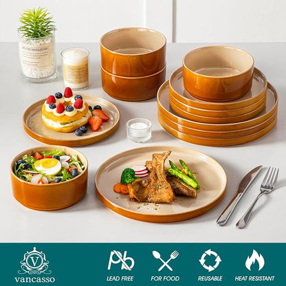 vancasso ONION Ceramic Plates and Bowls Sets, 12 Pieces Brown Dinnerware Sets