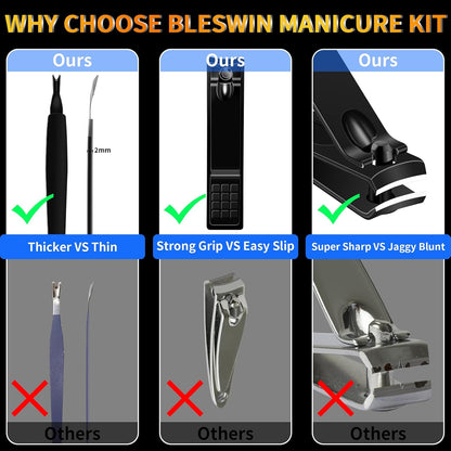 Manicure Set 16 In 1 Professional Stainless Steel Pedicure Kit Toenail Clippers Set Mens Grooming Kit Fingernail Kit for Women with Luxurious Travel Bag, Suitable for Home, Travel, and Salon (Black)