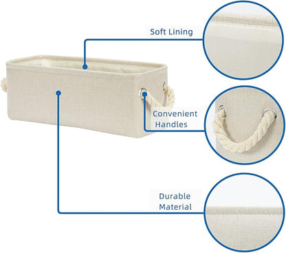 Temary Small Fabric Storage Baskets for Storage Home, Narrow Rectangle Basket with Rope Handles, Decorative Basket for Organizing Toilet Tank Top, Towels, Toilet Paper (Beige, 15Lx6Wx5.5H Inches)