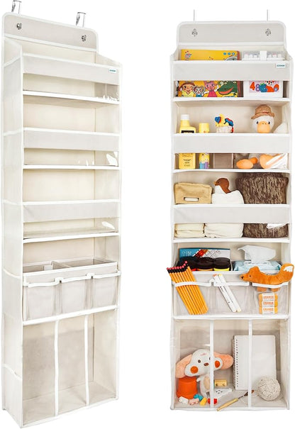 Door Hanging Storage Organizer,with 3 Bins 1 Movable Baby Diaper Caddy,1 Large capacity diaper stacking storage Organizer,10 Side Pockets ,Bedroom Door Storage for Nursery Baby Essentials. (Beige)