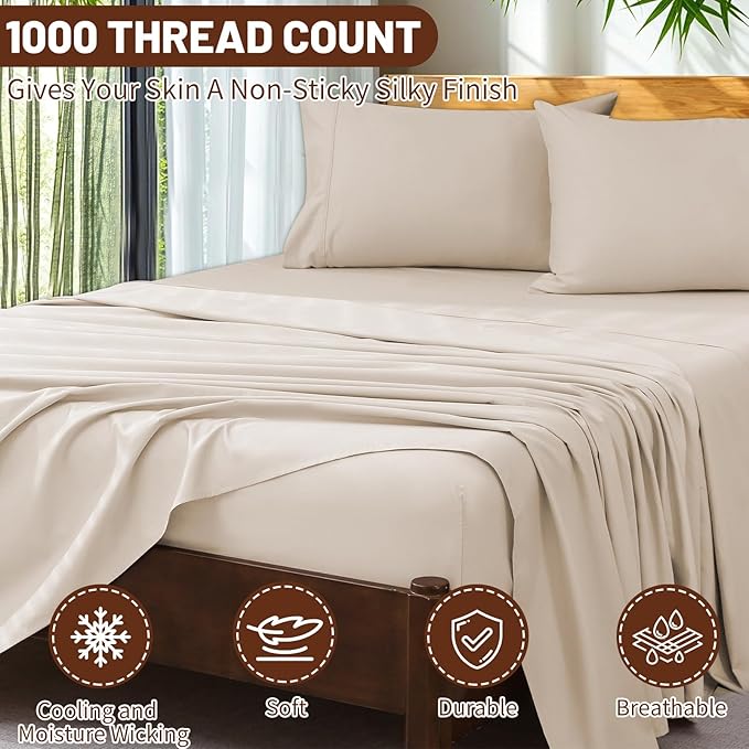 Extra Deep Pocket California King Sheets 18-24 Inch 100% Egyptian Cotton 1000 Thread Count Sateen Weave Soft Breathable 4 Pieces（California King,Linen）