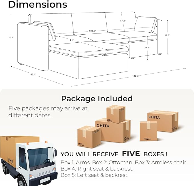 CHITA Oversized Modular Sectional Sofa Set, FSC Certified L Shaped Couch with Reversible Chaise,Modular Sectional Couch for Living Room,112 inch Width, 4 Seat Modular Sofa with Storage Ottoman, Grey
