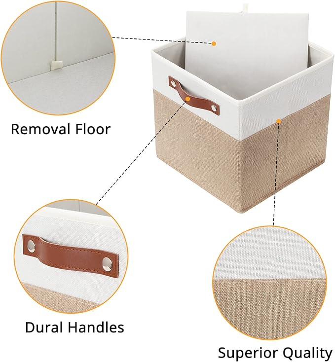 DULLEMELO 11 inch Cube Storage Bins,Fabric Storage Cubes for Organizing,Collapsible Foldable Linen Canvas Closet Storage Bins for Shelves Closet Bedroom Toys Home Office(White&Khaki)