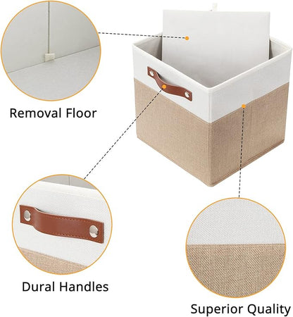 DULLEMELO 11 inch Cube Storage Bins,Fabric Storage Cubes for Organizing,Collapsible Foldable Linen Canvas Closet Storage Bins for Shelves Closet Bedroom Toys Home Office(White&Khaki)
