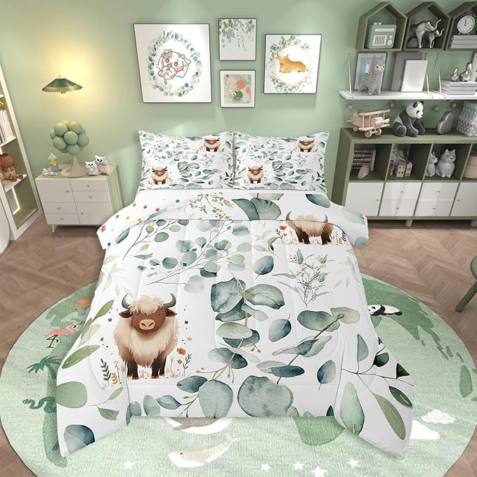 Erosebridal Boys Cartoon Animal King Size Comforter Set for Kids Toddler Kawaii Cow Bedding Set, Highland Cattle Bull Down Comforter Western Cowboy Bed Set, Botanical Green Eucalyptus Quilted Duvet