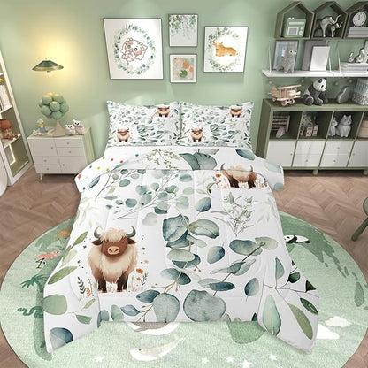 Erosebridal Boys Cartoon Animal King Size Comforter Set for Kids Toddler Kawaii Cow Bedding Set, Highland Cattle Bull Down Comforter Western Cowboy Bed Set, Botanical Green Eucalyptus Quilted Duvet