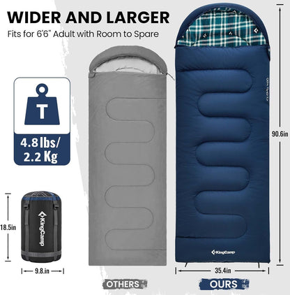 KingCamp Sleeping Bag for Adults, Cold Weather & Warm XL Big and Tall Flannel Sleeping Bags with Compression Sack Portable Waterproof Essentials Gear Accessories for Outdoor Camping