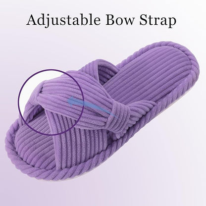 Evshine Summer House Slippers for Women Corduroy Cross Bow Indoor Slippers Open Toe Slip On Bedroom Shoes with Memory Foam