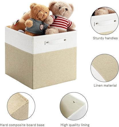 13 x 13 Inch Fine Linen Storage Bins with Handles，Fabric Cube Boxs，Collapsible Basket Organizers for Shelves for Home, Closet Drawers (White/Khaki-6 Pack)