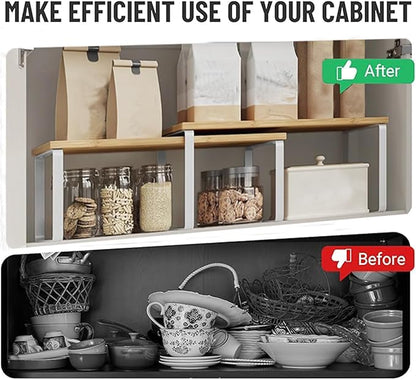 Cabinet Organizer Shelf, Kitchen Counter Storage, 2-Piece Set, Stackable Spice Rack, Metal and Wood (White and Natural Beige)
