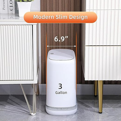 funest Bathroom Trash Can, 3.3 Gallon Slim Trash Can with Lid, Adsorption Garbage Can with Press-Top Lid, Small White Narrow Plastic Trash Bin for Bathroom, Office, Bedroom, Living Room