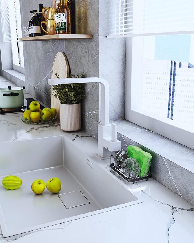 Consumest Sponge Holder for Kitchen Sink - Movable Sink Caddy for Countertop Organizer, 304 Stainless Steel Sponge Holder with Detachable Drip Tray for Kitchen Accessories-Black