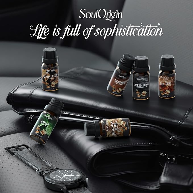 Gentleman Fragrance Oils Set, Essential Oil for Diffuser, Diffuser Oil, Use for Soap Candle Making, Sandalwood, Cedar, Rum, Leather, Smoky Oud, and Frankincense & Myrrh