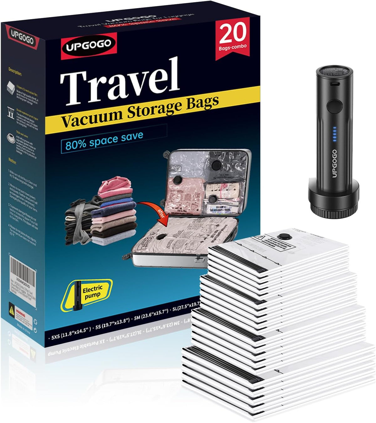 Combo 20 Pack Travel Vacuum Bags for Luggage with Portable Electric Pump,Vacuum Seal Bags for Clothing,Packing Cubes Compression,Cruise Ship and Travel Essentials