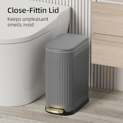 KUK Slim Bathroom Trash Can with Lid, 2.6 Gallon (10 L) Stainless Steel Step Small Garbage Can with Removable Inner Bucket, Soft Close, Anti-Fingerprint Finish (Gray)