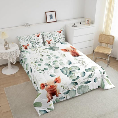 Erosebridal Kawaii Pig King Bedding Sets for Boys Girls Cartoon Animal Comforter Set, Eucalyptus Leaves Duvet Insert Farm Wildlife Down Comforter, Tropical Botanical Plants Bedding Comforter Sets