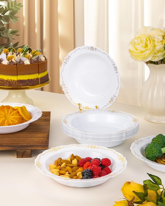 50 Pack White Plastic Bowls with Gold Rim, 12oz Disposable Soup Bowl, Heavy Duty Dinner Bowls for Party, Weddings, Dinners, Catering and Everyday Use