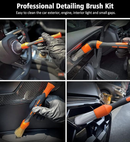 YeewayVeh 3pcs Car Detailing Brush Set, 1pc Boars Hair Detailing Brushes,1pc Ultra Soft Detail Brush for Air Vent Leather Seat, 1pc Scratch Free Car Detailing Brushes for Interior Exterior, Orange