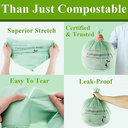 C Crystal Lemon 50 Count Biodegradable Kitchen Food Waste Bags - 6 Gallon Scraps Bags - Heavy Duty Compostable Waste Bags for Kitchen - Unscented Trash Bags 6 Gallon for Yard, Food
